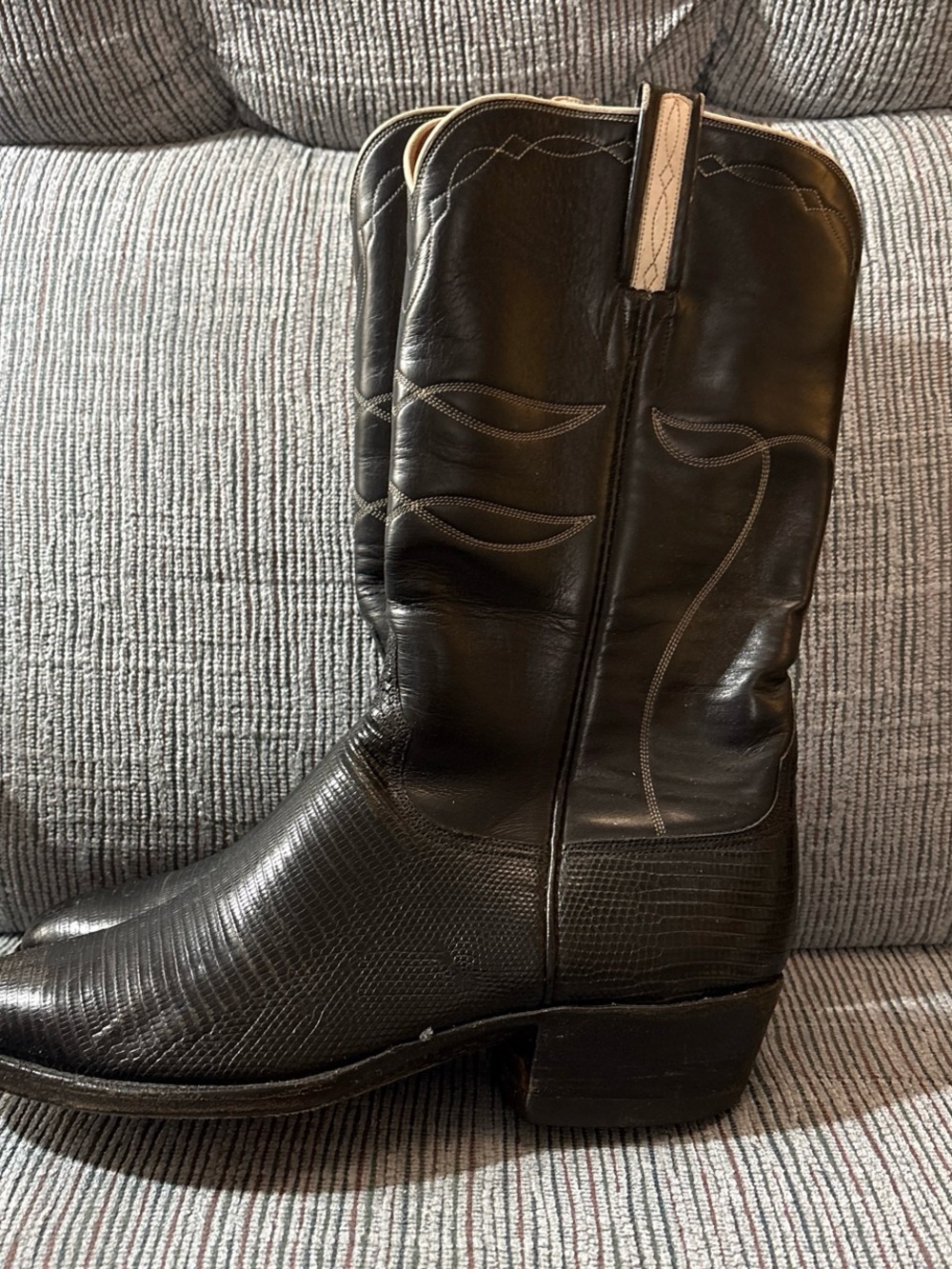 Lucchese Black Cowboy Boots with Tan Pull Tabs